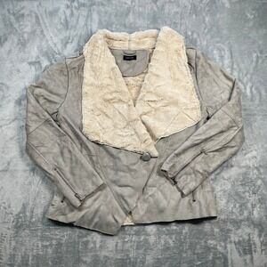 Fantazia Gray Faux Suede Jacket Faux Fur Lined Shearling Open Front Jacket